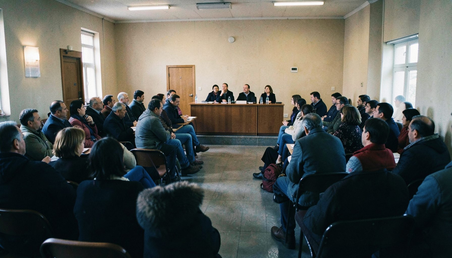 A community meeting in progress inside a modest hall with rows of seated attendees facing a panel table, warm indoor lighting and neutral wall tones