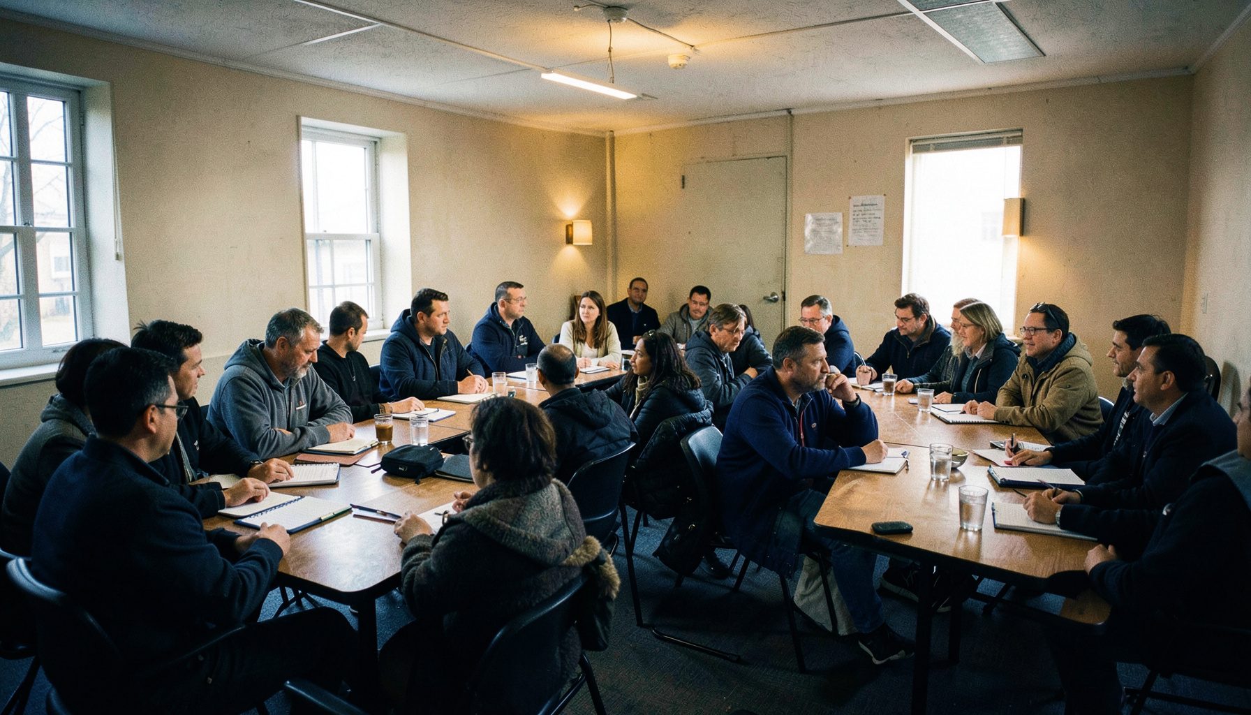 Wide view of a community board meeting in a modest hall, attendees seated at long tables with notebooks and agendas, warm indoor lighting, navy and beige tones
