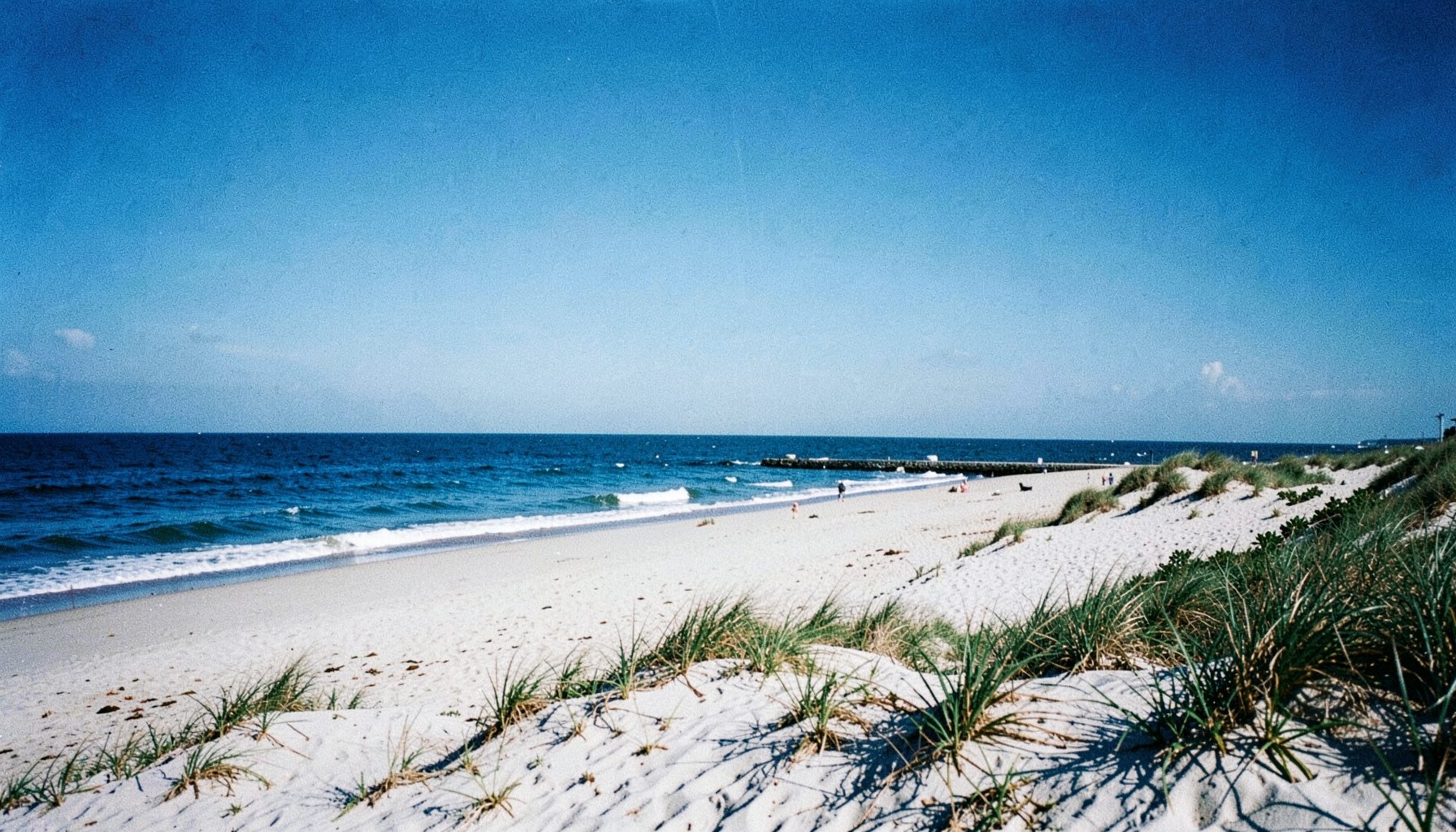 Wide view of Rockaway Beach shoreline with gentle waves on pale sand under a bright blue sky, dunes and beach grass in the foreground